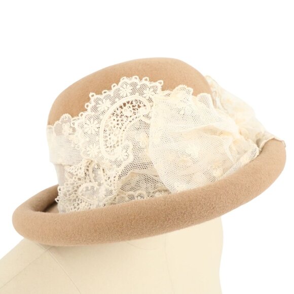 NWT Louise Camel Brown Vintage Ivory Floral Lace Ribbon Bow Felt Hat - Picture 4 of 6